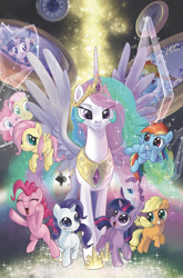 Size: 900x1366 | Tagged: safe, artist:pencils, idw, character:applejack, character:fluttershy, character:pinkie pie, character:princess celestia, character:rainbow dash, character:rarity, character:twilight sparkle, character:twilight sparkle (alicorn), species:alicorn, species:earth pony, species:pegasus, species:pony, species:unicorn, clock, cover, cute, cutelestia, dashabetes, diapinkes, female, filly, filly applejack, filly fluttershy, filly pinkie pie, filly rainbow dash, filly rarity, filly twilight sparkle, jackabetes, jewelry, majestic, mane six, mare, momlestia fuel, raribetes, regalia, shyabetes, twiabetes, younger