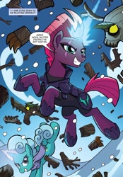 Size: 702x1011 | Tagged: safe, artist:tonyfleecs, idw, official comic, character:glitter drops, character:tempest shadow, species:pony, species:unicorn, armor, clothing, dialogue, duo, eye scar, female, kicking, mare, nightmare knights, scar, scarf, sparking horn, speech bubble, timber wolf