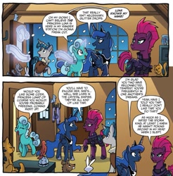 Size: 751x763 | Tagged: safe, artist:tonyfleecs, idw, official comic, character:glitter drops, character:princess luna, character:stygian, character:tempest shadow, species:alicorn, species:bird, species:pony, species:rabbit, species:unicorn, cat, clothing, comic, dialogue, earmuffs, ethereal mane, female, galaxy mane, magic, male, mare, nightmare knights, scarf, speech bubble, stallion, telekinesis