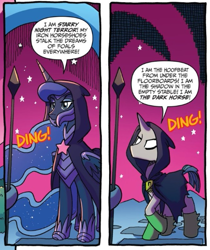 Size: 491x584 | Tagged: safe, artist:tonyfleecs, idw, official comic, character:princess luna, character:stygian, species:alicorn, species:pony, species:unicorn, armor, cloak, clothing, comic, darkwing duck, dialogue, disguise, ethereal mane, female, galaxy mane, male, mare, nightmare knights, raised hoof, spear, speech bubble, stallion, starry night terror, the dark horse