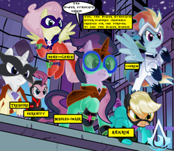 Size: 2285x1973 | Tagged: safe, artist:darktailsko, idw, character:fili-second, character:fluttershy, character:masked matter-horn, character:mean applejack, character:mean fluttershy, character:mean pinkie pie, character:mean rainbow dash, character:mean rarity, character:mean twilight sparkle, character:mistress marevelous, character:radiance, character:rainbow dash, character:zapp, species:alicorn, species:earth pony, species:pegasus, species:pony, species:unicorn, episode:power ponies, episode:the mean 6, g4, my little pony: friendship is magic, alternate hairstyle, boots, building, caption, clone, clone six, clothing, commission, costume, evil, female, flying, goggles, gritted teeth, jewelry, mare, mask, necklace, night, outfit, raised hoof, rooftop, shoes, signature, skyscraper, supervillain, text box, the power syndicate, watermark