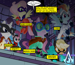 Size: 2285x1974 | Tagged: safe, alternate version, artist:darktailsko, idw, character:fili-second, character:fluttershy, character:masked matter-horn, character:mean applejack, character:mean fluttershy, character:mean pinkie pie, character:mean rainbow dash, character:mean rarity, character:mean twilight sparkle, character:mistress marevelous, character:radiance, character:rainbow dash, character:saddle rager, character:zapp, species:alicorn, species:earth pony, species:pegasus, species:pony, species:unicorn, episode:power ponies, episode:the mean 6, g4, my little pony: friendship is magic, alternate hairstyle, boots, building, caption, clone, clone six, clothing, commission, costume, evil, female, flying, goggles, gritted teeth, jewelry, mare, mask, necklace, night, outfit, raised hoof, rooftop, shoes, signature, skyscraper, supervillain, text box, the power syndicate, watermark