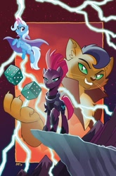 Size: 755x1147 | Tagged: safe, artist:tonyfleecs, idw, official comic, character:capper dapperpaws, character:tempest shadow, character:trixie, species:abyssinian, species:anthro, species:pony, species:unicorn, my little pony: the movie (2017), anthro with ponies, armor, broken horn, cape, clothing, dice, eye scar, female, flying, glowing horn, horn, lightning, looking at you, male, mare, nightmare knights, scar
