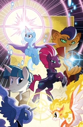 Size: 755x1147 | Tagged: safe, artist:tonyfleecs, idw, character:capper dapperpaws, character:daybreaker, character:princess celestia, character:princess luna, character:stygian, character:tempest shadow, character:trixie, species:abyssinian, species:alicorn, species:anthro, species:pony, species:unicorn, my little pony: the movie (2017), armor, broken horn, cape, clothing, coat, cover, eye scar, female, glowing horn, horn, jewelry, levitation, looking at you, magic, male, mare, nightmare knights, regalia, scar, stallion, telekinesis
