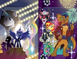Size: 1511x1147 | Tagged: safe, artist:tonyfleecs, idw, character:capper dapperpaws, character:fizzlepop berrytwist, character:lord tirek, character:mane-iac, character:princess celestia, character:princess luna, character:stygian, character:sunset shimmer, character:tempest shadow, character:trixie, species:alicorn, species:anthro, species:earth pony, species:pony, species:unicorn, my little pony: the movie (2017), angry, anthro with ponies, armor, bow tie, broken horn, cloak, clothing, coat, cover, crown, female, fireworks, glowing eyes, hat, hoof hold, horn, jewelry, looking at you, male, mare, nightmare knights, nose piercing, nose ring, piercing, playing card, poker chips, regalia, stallion, storm guard, top hat