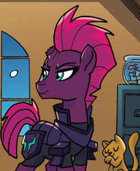 Size: 542x662 | Tagged: safe, idw, official comic, character:tempest shadow, species:pony, species:unicorn, armor, broken horn, cat, cropped, female, fish, horn, mare