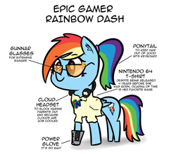Size: 1745x1522 | Tagged: safe, artist:artiks, character:rainbow dash, species:pegasus, species:pony, 1337, 20% cooler, alternate hairstyle, clothing, cyberpunk, epic, female, glasses, headset, mare, misspelling, nintendo 64, ponytail, power glove, shirt, smiling, solo, t-shirt