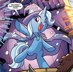 Size: 986x972 | Tagged: safe, artist:tonyfleecs, idw, character:trixie, species:pony, species:unicorn, bipedal, cape, clothing, cute, dialogue, diatrixes, hat, nightmare knights, solo, speech bubble, trixie's cape, trixie's hat