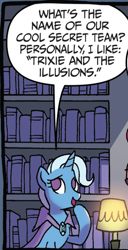 Size: 656x1277 | Tagged: safe, artist:tonyfleecs, idw, character:trixie, species:pony, species:unicorn, cape, clothing, dialogue, implied equestria girls, nightmare knights, solo, speech bubble, text, trixie and the illusions, trixie's cape