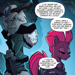Size: 1053x1054 | Tagged: safe, artist:tonyfleecs, idw, character:storm king, character:tempest shadow, my little pony: the movie (2017), broken horn, dialogue, horn, nightmare knights, speech bubble, text