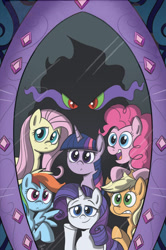 Size: 1054x1587 | Tagged: safe, artist:sibsy, edit, idw, character:applejack, character:fluttershy, character:king sombra, character:pinkie pie, character:rainbow dash, character:rarity, character:twilight sparkle, comic, comic cover, cover, cover art, dark mirror universe, equestria-3, magic mirror, mane six