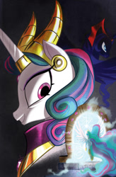 Size: 1040x1582 | Tagged: safe, edit, idw, character:princess celestia, character:princess luna, black background, comic, cover, cover art, dark mirror universe, equestria-3, evil celestia, evil luna, evil sisters, horn ring, horns, magic mirror, simple background