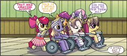 Size: 512x225 | Tagged: safe, artist:agnesgarbowska, edit, idw, character:apple bloom, character:scootaloo, character:sweetie belle, species:earth pony, species:pegasus, species:pony, species:unicorn, comic, cutie mark crusaders, female, filly, text edit, wheelchair