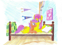 Size: 2604x1895 | Tagged: safe, artist:malte279, character:scootaloo, character:sunny rays, species:pegasus, species:pony, bed, book, colored pencil drawing, hug, indoors, on bed, prone, reading, scootaloo's house, smiling, sunny rays, traditional art, winghug