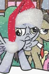 Size: 215x324 | Tagged: safe, artist:agnesgarbowska, edit, idw, character:derpy hooves, character:doctor whooves, character:time turner, species:earth pony, species:pegasus, species:pony, angry, christmas, clothing, frown, hat, holiday, ponyville mysteries, santa hat, snow, snowfall, spread wings, wat, wings, winter