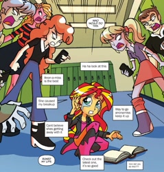 Size: 977x1024 | Tagged: safe, idw, character:captain planet, character:cloudy kicks, character:indigo wreath, character:sunflower, character:sunset shimmer, my little pony:equestria girls, abuse, apple bloom is a duck, bully, bullying, cloudy kicks, crying, indigo wreath, offscreen character, sad, shimmerbuse, sunsad shimmer, teddy t. touchdown, this will end in school shooting