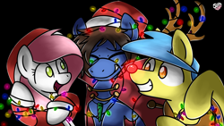 Size: 1920x1080 | Tagged: safe, artist:sugar morning, oc, oc only, oc:bizarre song, oc:lost thunder, oc:sugar morning, species:deer, species:pegasus, species:pony, species:reindeer, episode:hearth's warming eve, g4, my little pony: friendship is magic, antlers, best friends, black background, cape, christmas, christmas light, christmas lights, clothing, coat, commission, costume, female, happy, happy hearth's warming, hat, hearth's warming, holiday, horn, jewelry, male, mare, merry christmas, necklace, red nose, reindeer antlers, santa hat, simple background, smiling, stallion, sugarre