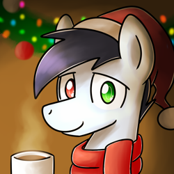 Size: 1024x1024 | Tagged: safe, artist:sugar morning, oc, oc only, oc:slipstream, species:pony, episode:hearth's warming eve, g4, my little pony: friendship is magic, bust, chocolate, christmas, clothing, cute, decoration, drink, food, happy hearth's warming, hat, hearth's warming, heterochromia, holiday, hot chocolate, male, merry christmas, mug, portrait, santa hat, scarf, smiling, solo, stallion, sweet, warm