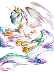 Size: 1529x2034 | Tagged: safe, artist:jiayi, character:princess celestia, long tail, looking back, prone, solo, traditional art