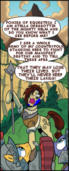 Size: 209x516 | Tagged: safe, artist:brendahickey, edit, idw, character:flash magnus, species:earth pony, species:pony, legends of magic, braveheart, clothing, comic, female, mare, scottish, spear, steela oresdotter, text edit, triskelion, weapon