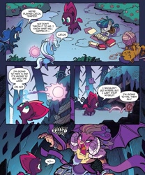 Size: 1227x1477 | Tagged: safe, artist:tonyfleecs, idw, official comic, character:capper dapperpaws, character:princess eris, character:princess luna, character:stygian, character:tempest shadow, character:trixie, species:abyssinian, species:alicorn, species:pony, species:unicorn, my little pony: the movie (2017), broken horn, colt, comic, cute, female, filly, filly tempest shadow, foal, horn, kitten, magic, male, nightmare knights, reading, sarimanok, telekinesis, woona, yarn, yarn ball, younger
