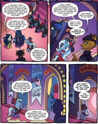 Size: 1046x1327 | Tagged: safe, artist:tonyfleecs, idw, official comic, character:capper dapperpaws, character:princess luna, character:stygian, character:trixie, character:twilight sparkle, species:abyssinian, species:alicorn, species:pony, species:unicorn, my little pony: the movie (2017), cape, clothing, comic, dialogue, female, hat, male, mare, nightmare knights, speech bubble, starry night terror, the alley cat, the dark horse, the great and powerful roxy, the great and powerful twily, top hat
