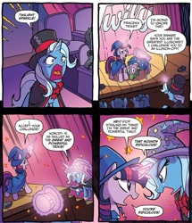 Size: 1161x1349 | Tagged: safe, artist:tonyfleecs, idw, official comic, character:spike, character:trixie, character:twilight sparkle, character:twilight sparkle (unicorn), species:dragon, species:pony, species:unicorn, cape, clothing, comic, dialogue, female, great and powerful, hat, magic, magic aura, male, mare, nightmare knights, speech bubble, telekinesis, the great and powerful roxy, the great and powerful twily, top hat, wizard hat