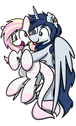 Size: 1500x2500 | Tagged: safe, artist:sugar morning, oc, oc:prince nova, oc:rainy skies, species:alicorn, species:pony, 2019 community collab, derpibooru community collaboration, carrying, couple, duo, ear piercing, earring, flying, jewelry, looking at each other, novaskies, original species, piercing, shark pony, simple background, tongue out, transparent background