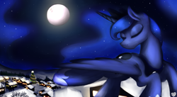 Size: 1970x1080 | Tagged: safe, artist:sugar morning, derpibooru original, character:princess luna, species:alicorn, species:pony, episode:hearth's warming eve, g4, my little pony: friendship is magic, canon, christmas, christmas tree, eyes closed, female, flying, happy hearth's warming, hearth's warming, holiday, luna's day, mare, merry christmas, moon, night, scenery, snow, solo, stars, tree, village, wallpaper, winter, winter solstice