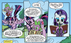 Size: 813x492 | Tagged: safe, artist:pencils, idw, character:rarity, character:spike, character:twilight sparkle, character:twilight sparkle (alicorn), species:alicorn, species:dragon, species:pony, species:unicorn, animamulet, book, comic, cropped, dialogue, female, male, mare, speech bubble, spread wings, winged spike, wings
