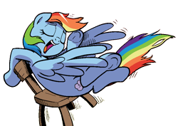 Size: 820x580 | Tagged: safe, artist:pencils, idw, character:rainbow dash, species:pegasus, species:pony, background removed, chair, cropped, eyes closed, female, mare, simple background, solo, transparent background, underhoof