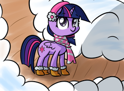 Size: 2322x1715 | Tagged: safe, artist:artiks, character:twilight sparkle, character:twilight sparkle (alicorn), species:alicorn, species:pony, boots, clothing, earmuffs, female, looking at you, mare, scarf, shoes, snow, solo
