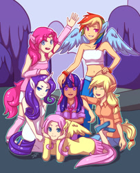 Size: 600x738 | Tagged: safe, artist:greenmangos, character:applejack, character:fluttershy, character:pinkie pie, character:rainbow dash, character:rarity, character:twilight sparkle, bandeau, belly button, clothing, dress, eared humanization, elf ears, horned humanization, humanized, mane six, mane six opening poses, midriff, skirt, tailed humanization, winged humanization