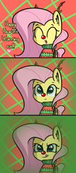 Size: 1964x4475 | Tagged: safe, artist:artiks, character:fluttershy, species:changeling, species:pony, animal costume, antlers, changeling feeding, christmas, christmas changeling, comic, costume, dialogue, disguise, disguised changeling, fake fluttershy, female, holiday, kitchen eyes, licking, licking lips, mare, red nose, reindeer antlers, reindeer costume, solo, this will end in tears and/or death, tongue out