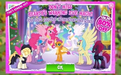 Size: 1280x800 | Tagged: safe, gameloft, idw, official, character:fizzlepop berrytwist, character:pinkie pie, character:princess celestia, character:princess skystar, character:smolder, character:songbird serenade, character:tempest shadow, species:alicorn, species:dragon, species:pegasus, species:pony, species:unicorn, episode:hearth's warming eve, g4, my little pony: friendship is magic, my little pony: the movie (2017), advertisement, alicornified, cauldron bubbles, crack is cheaper, dragoness, female, game, game screencap, idw showified, pinkiecorn, pretty pretty tempest, princess of chaos, princess pinkie pie, race swap, sale, stock vector, xk-class end-of-the-world scenario