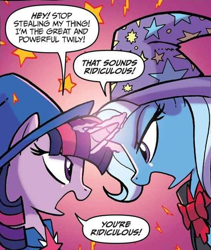 Size: 536x634 | Tagged: safe, artist:tonyfleecs, idw, character:trixie, character:twilight sparkle, species:pony, species:unicorn, alternate universe, clothing, crossed horns, dialogue, duo, female, hat, mare, nightmare knights, rivalry, speech bubble, the great and powerful roxy, the great and powerful twily, trixie's hat, wizard hat