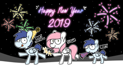 Size: 3840x2160 | Tagged: safe, artist:sugar morning, oc, oc only, oc:beefy, oc:slipstream, oc:sugar morning, species:pegasus, species:pony, black background, boofy, clothing, collar, couple, cute, dog pony, family, female, fireworks, happy new year, happy new year 2019, hat, holiday, male, mare, mouth hold, musical instrument, party hat, party horn, simple background, snow, sparkler, spiked collar, stallion, standing, text, trumpet
