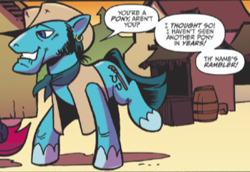 Size: 349x240 | Tagged: safe, idw, official comic, species:earth pony, species:pony, my little pony: the movie (2017), clothing, dialogue, ear piercing, earring, hat, jewelry, male, my little pony: the movie prequel, piercing, rambler, solo, speech bubble, stallion