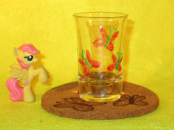 Size: 1833x1374 | Tagged: safe, artist:malte279, character:fluttershy, blind bag, coaster, cork, craft, cutie mark, glass, glass painting, pyrography, shot glass, toy, traditional art