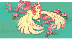 Size: 1759x965 | Tagged: safe, artist:cigarscigarettes, character:fluttershy, species:pegasus, species:pony, female, head turn, lidded eyes, long tail, looking away, mare, smiling, solo, spread wings, standing in water, stray strand, water, water lily, waterlily, wings