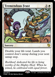 Size: 375x523 | Tagged: safe, artist:brendahickey, edit, idw, character:rockhoof, legends of magic, asparagus, ccg, cocoa axe, hot dog bun, magic the gathering, this will end in weight gain, trading card, trading card edit