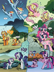 Size: 768x1024 | Tagged: safe, artist:pencils, idw, official comic, character:applejack, character:fluttershy, character:night light, character:pinkie pie, character:rainbow dash, character:rarity, character:twilight sparkle, character:twilight sparkle (alicorn), character:twilight velvet, species:alicorn, species:earth pony, species:pegasus, species:pony, species:unicorn, comic, female, filly, filly applejack, filly fluttershy, filly pinkie pie, filly rainbow dash, filly rarity, filly twilight sparkle, geode, mane six, mare, preview, self ponidox, sitting on head, split screen, time paradox, time travel, xk-class end-of-the-world scenario, younger
