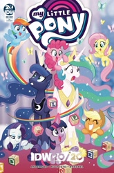 Size: 1000x1517 | Tagged: safe, artist:tonyfleecs, idw, character:applejack, character:fluttershy, character:pinkie pie, character:princess celestia, character:princess luna, character:rainbow dash, character:rarity, character:twilight sparkle, character:twilight sparkle (alicorn), species:alicorn, species:pony, butterfly, cover, ethereal mane, female, filly, filly applejack, filly fluttershy, filly pinkie pie, filly rainbow dash, filly rarity, filly twilight sparkle, foal, galaxy mane, mane six, mare, maternaluna, momlestia, nursery, rainbow trail, royal sisters, speed trail, wrong eye color, younger