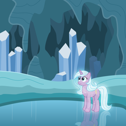 Size: 4000x4000 | Tagged: safe, artist:devfield, idw, character:radiant hope, species:crystal pony, species:pony, species:unicorn, absurd resolution, cave, cavern, crystal, crystal caverns, crystal unicorn, female, frown, frozen pond, glow, light, looking up, mare, redo, reflection, rock, show accurate, snow, solo, sparkles, stalactite, stalagmite, wide eyes