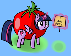 Size: 1402x1110 | Tagged: safe, artist:artiks, character:twilight sparkle, character:twilight sparkle (alicorn), species:alicorn, species:pony, clothing, costume, female, food, food costume, fruit costume, glowing horn, levitation, magic, mare, sign, simple background, solo, telekinesis, tomato