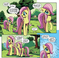 Size: 1113x1099 | Tagged: safe, artist:pencils, idw, official comic, character:fluttershy, species:pegasus, species:pony, comic, cute, dawwww, dialogue, duo, encouragement, female, filly, filly fluttershy, foal, hair over one eye, mare, pencils is trying to murder us, self ponidox, shyabetes, speech bubble, time paradox, words of wisdom, younger