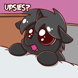Size: 949x949 | Tagged: safe, artist:sugar morning, oc, oc:dog whisperer, species:pony, species:unicorn, bed, bedsheets, colt, cute, dialogue, floppy ears, frown, indoors, male, meme, open mouth, puppy dog eyes, sad, solo, talking, upsies, weapons-grade cute
