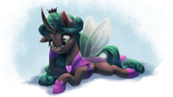 Size: 2500x1400 | Tagged: safe, artist:vanillaghosties, idw, character:queen chrysalis, species:changeling, clothing, cute, cutealis, female, reversalis, solo