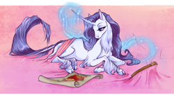 Size: 1759x965 | Tagged: safe, artist:cigarscigarettes, character:rarity, species:classical unicorn, species:pony, species:unicorn, cloven hooves, cutie mark, embroidery, fabric, female, glowing horn, horn, leg fluff, leonine tail, magic, mare, neck fluff, needle, painting, prone, sewing, solo, telekinesis, thread, unshorn fetlocks