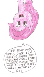 Size: 850x1472 | Tagged: safe, artist:dth1971, idw, character:pinkie pie, crayon drawing, crossover, dialogue, in which pinkie pie forgets how to gravity, pinkie being pinkie, pinkie physics, solo, sonic the hedgehog (series), traditional art